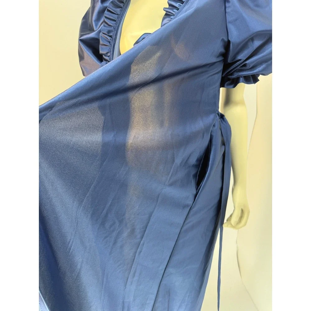 Vintage Puff‎ Sleeve Satin Robe Royal Blue Ruffle Neck Tie Waist Maxi Wrap M/L
